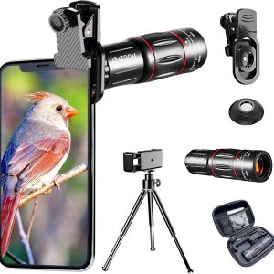 28x Optical Zoom HD Phone Camera Lens 5 in 1 Kit for iPhone and Android with Tripod + Telephone Zoom Lens + Lens Cover + Clips, Support Hand-held, Eye View, Spot Shooting, 4K HD Telephoto